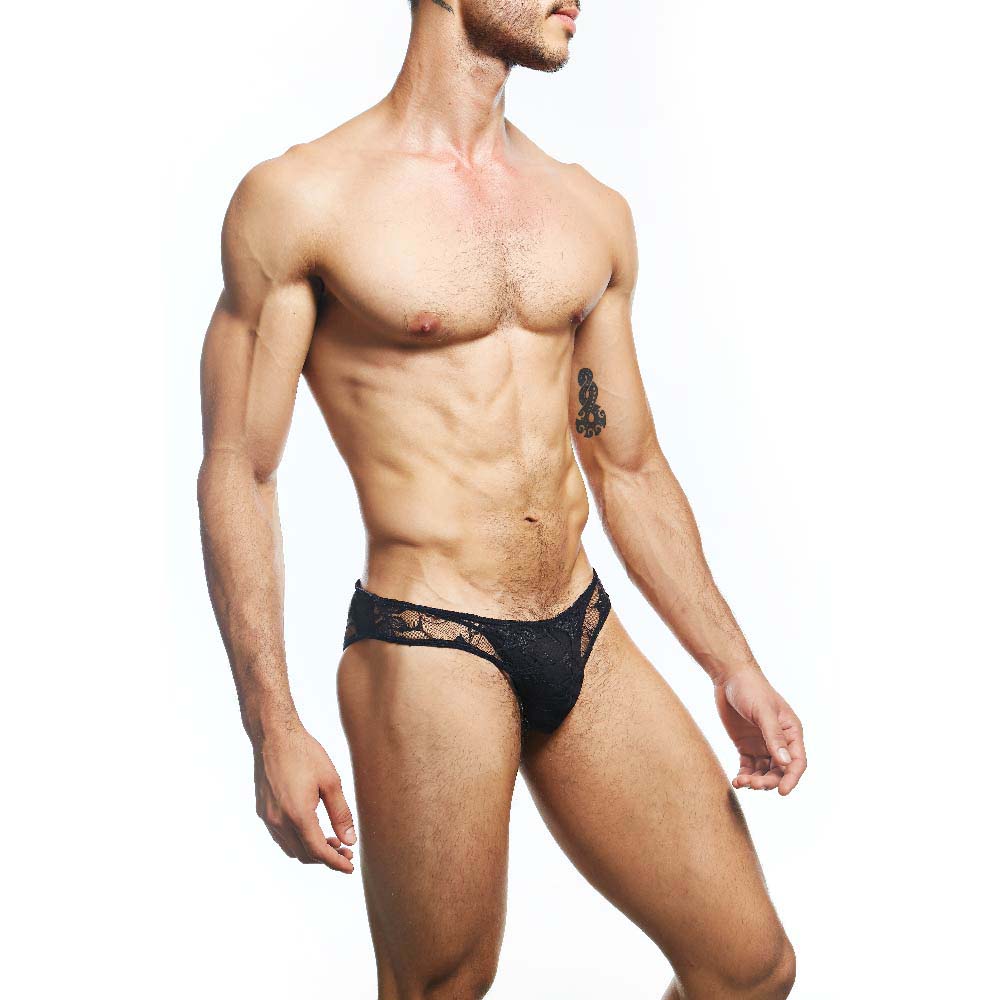 Black lace men’s briefs secret male smi076 bikini featuring a delicate intricate pattern in black lace