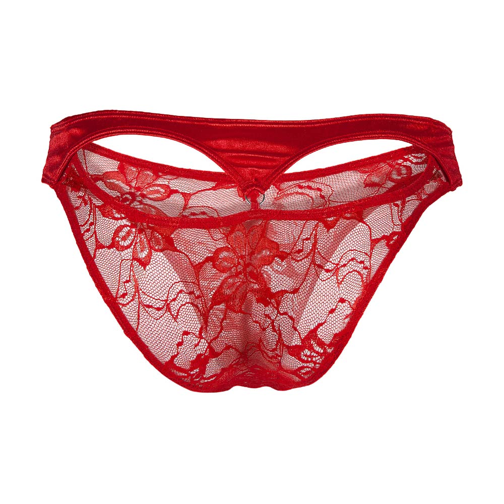 Secret male SMI076 bikini red lace thong with floral pattern and satin trim shown from the back side