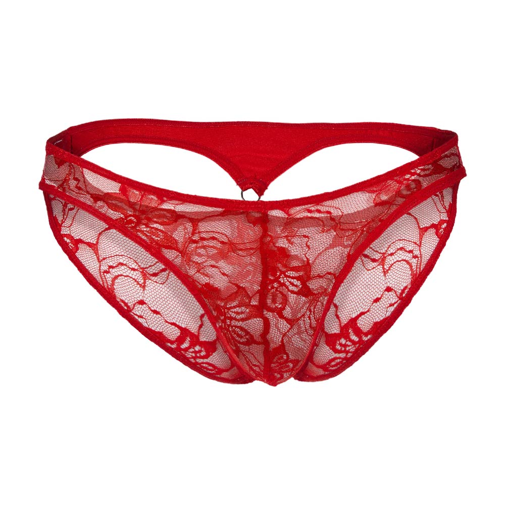 Secret male SMI076 bikini red lace thong with floral pattern and solid red waistband front view