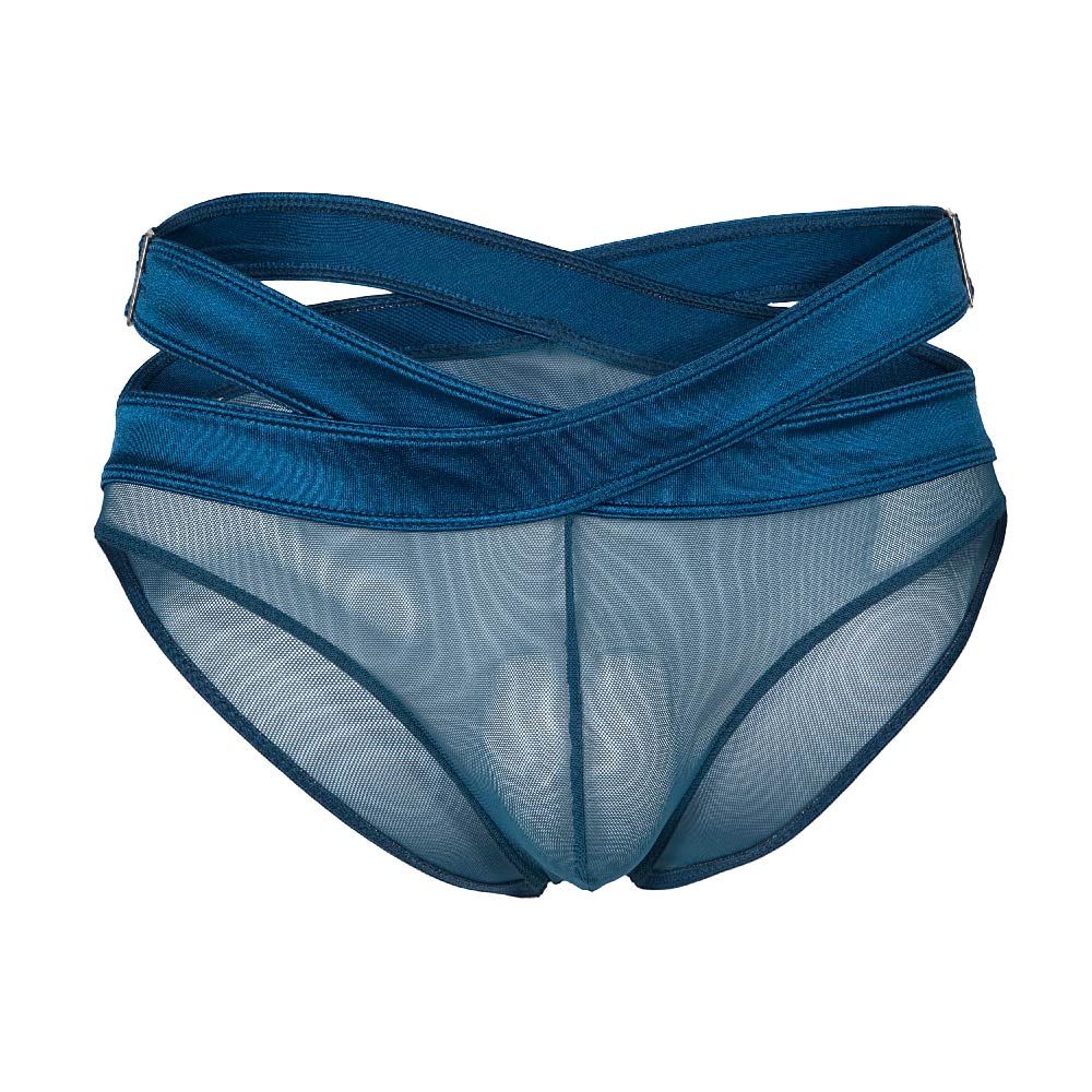 Blue mesh briefs with solid fabric waistband and crossed straps from secret male smi077 bikini collection