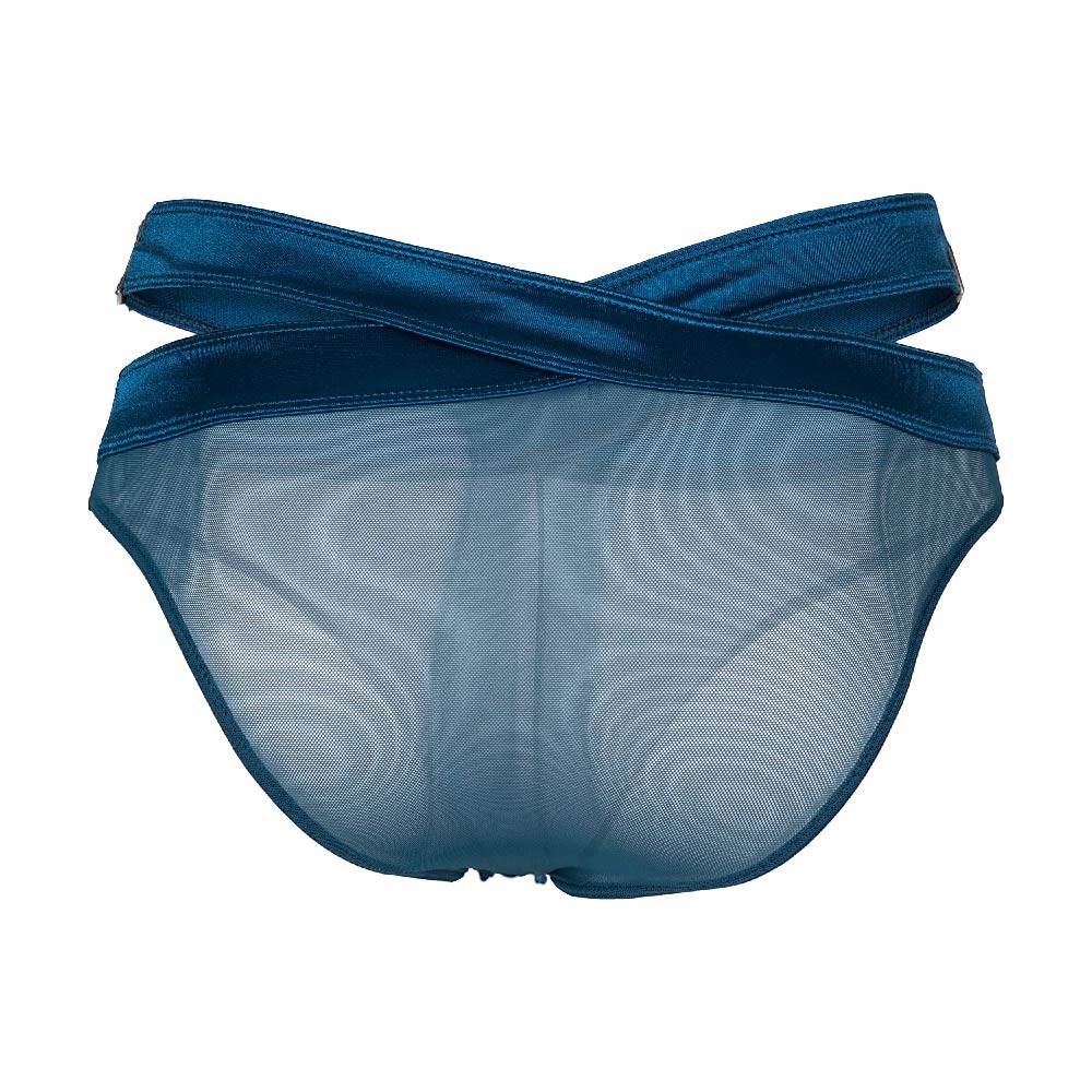 Deep blue satin-trimmed mesh briefs with cross-back design shown from the back in secret male smi077 bikini style