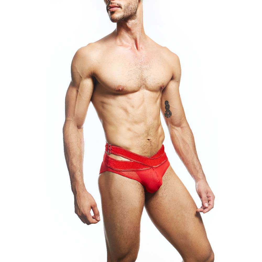 Red shiny fabric briefs with a distinctive crisscross design from secret male smi077 bikini collection