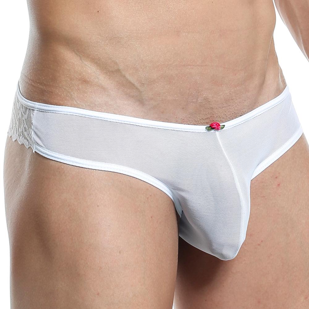 White mesh thong with lace trim and a red rose embellishment from Secret Male SMK006 collection