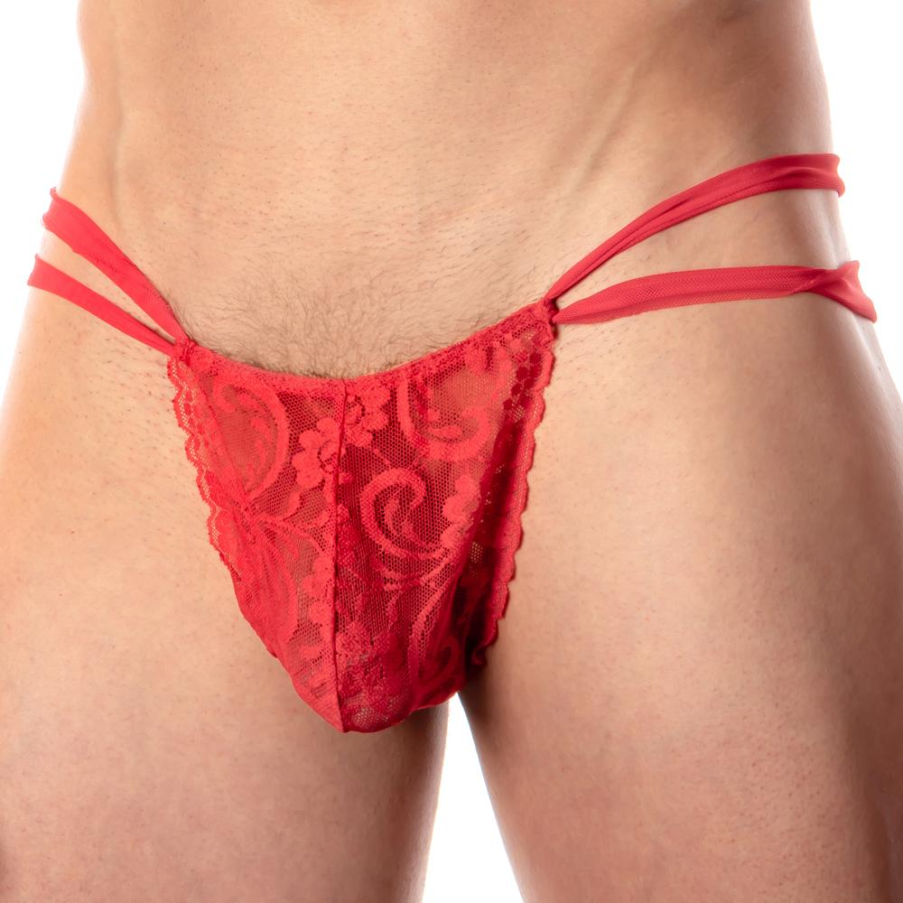Red lace thong secret male SMK008 with intricate floral patterns and thin matching straps shown from the back side