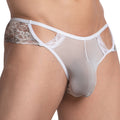 White lace-trimmed mesh thong with sheer mesh and form-fitting design from Secret Male SMK019 front view