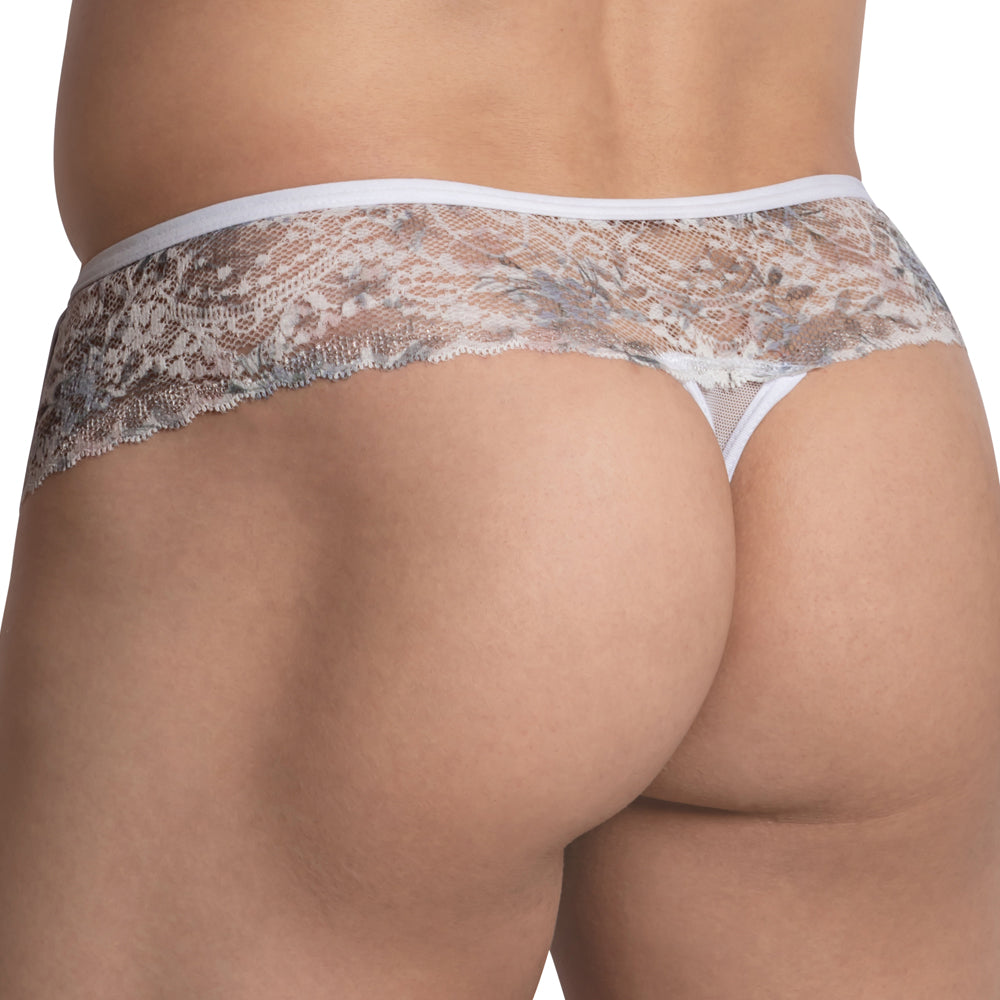White lace thong with delicate floral pattern and sheer mesh detailing from secret male smk019 thong collection