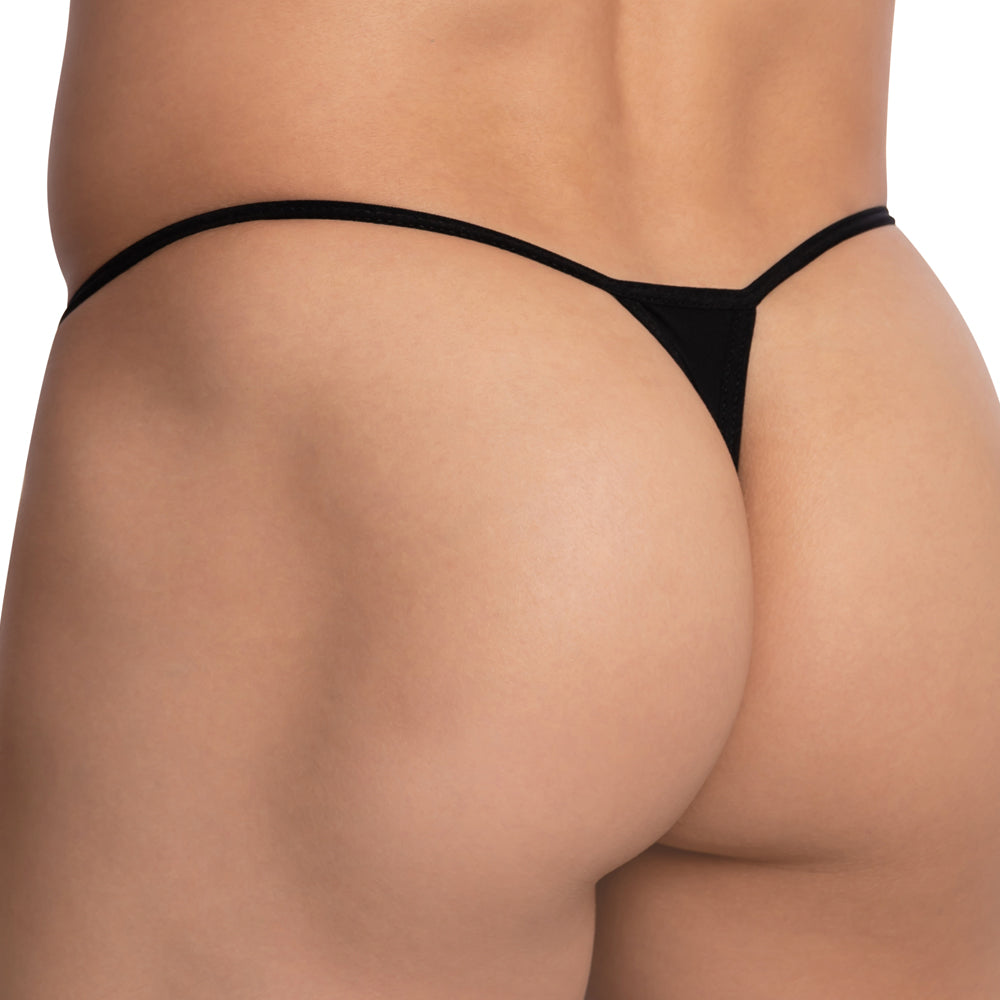 Black thong Secret Male SMK020 with thin smooth fabric waistband and back strap shown from the back side