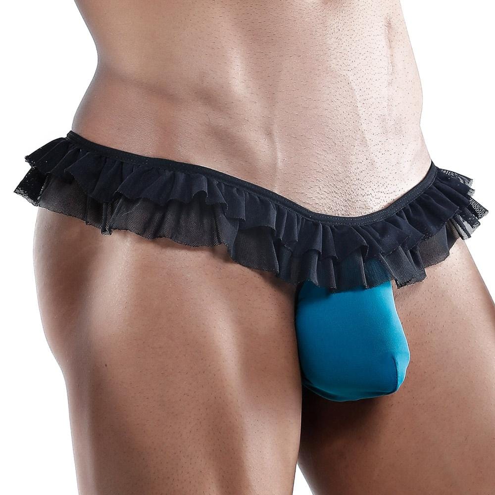 Black lace ruffled thong g-string with teal-colored pouch from Secret Male SML001 showing front view