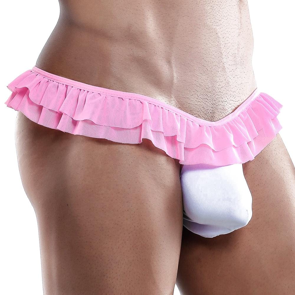 Pink ruffled lace thong with white pouch from Secret Male SML001 g-string lingerie underwear for men