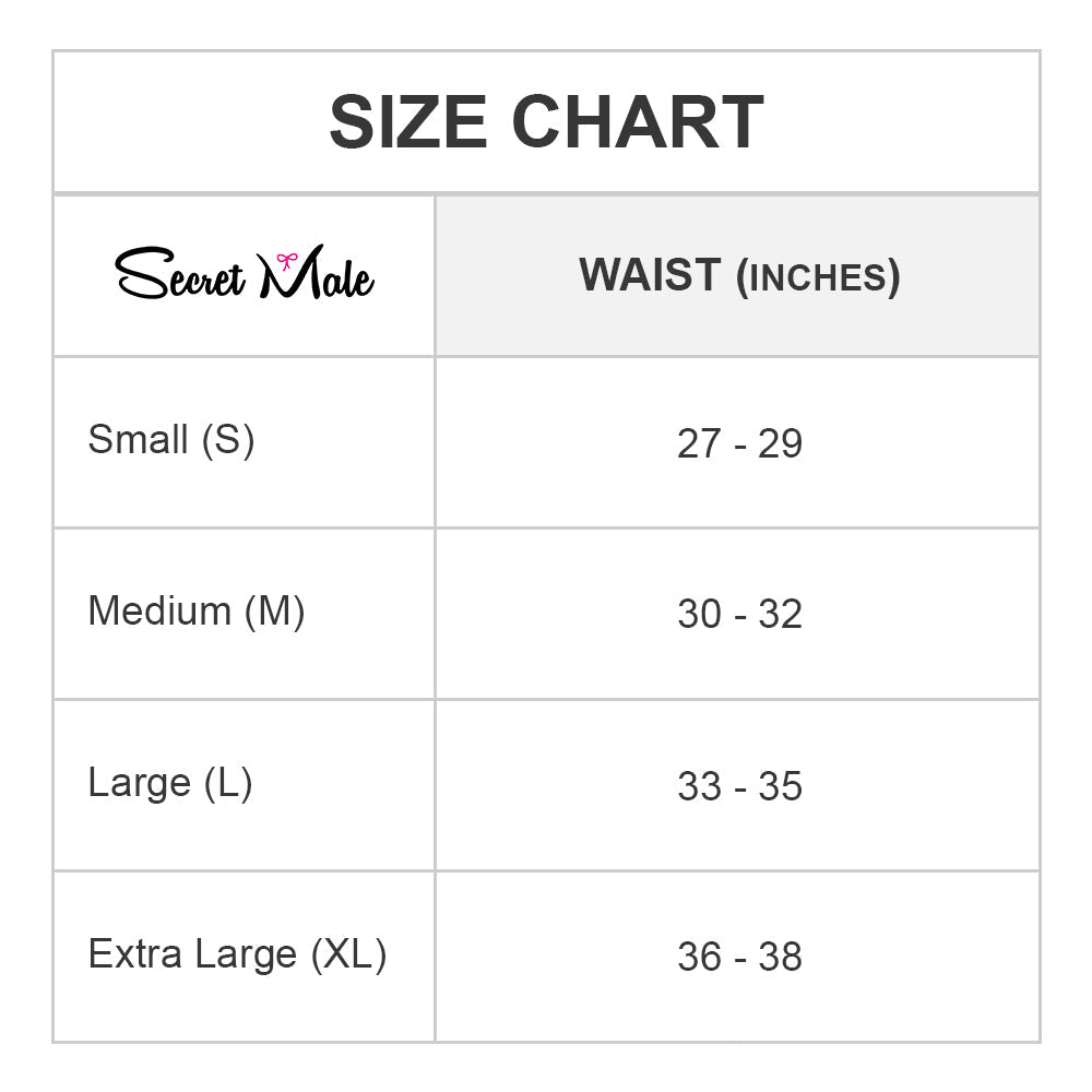 Secret male sml008 g-string size chart showing waist measurements for small medium large and extra large sizes