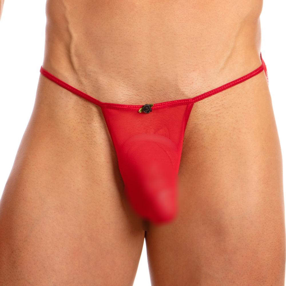 Red sheer mesh thong with small black rose clasp at center from secret male sml012 g-string collection