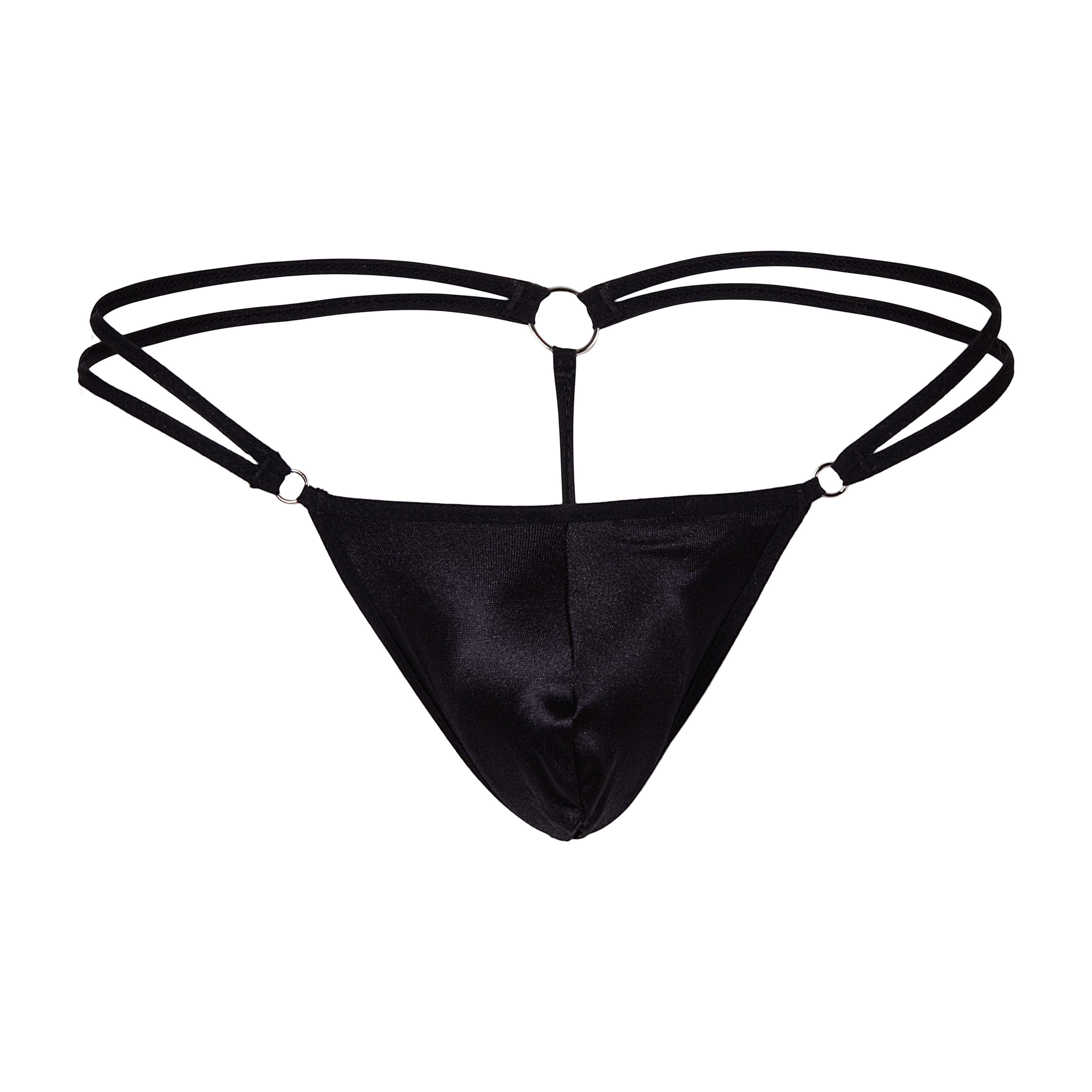 Black satin thong with thin crisscrossing straps and silver toned metal rings for men secret male SML030 G-string