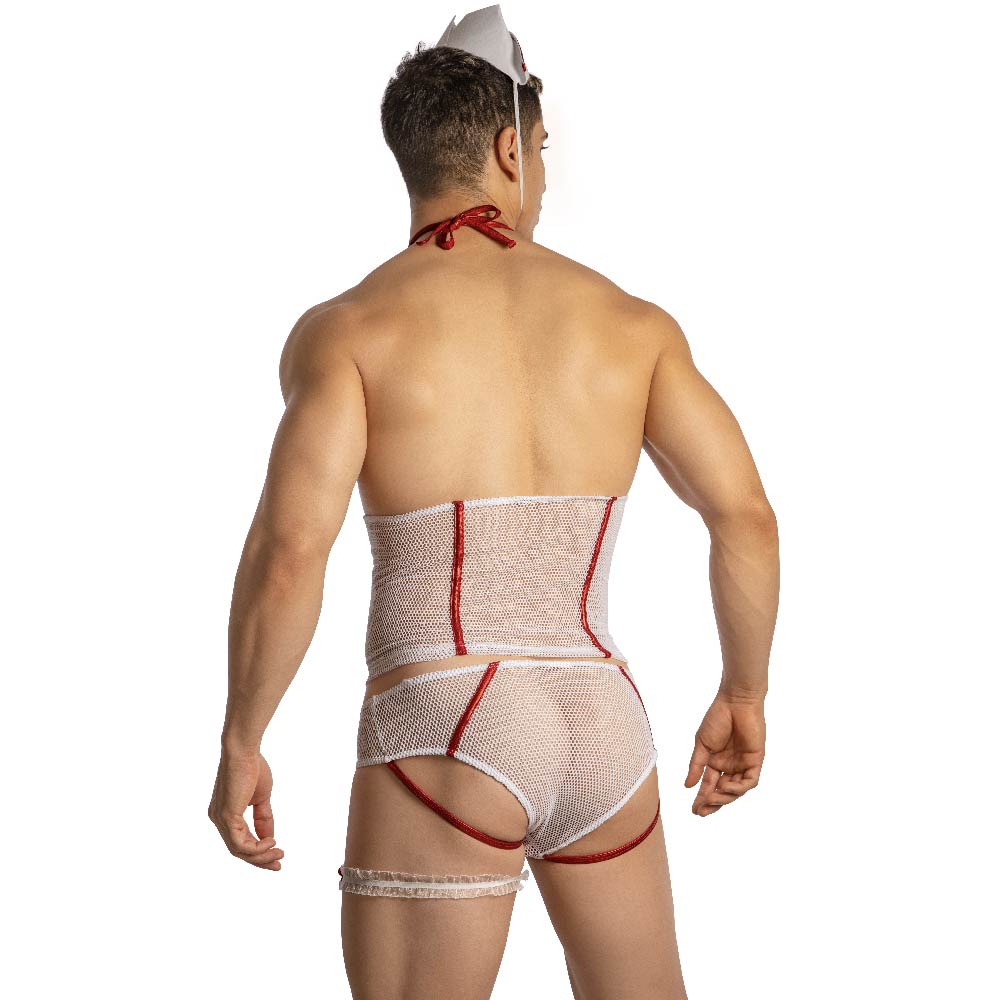 White mesh nurse costume with red trim and matching white cap from secret male smt001 set for costume use