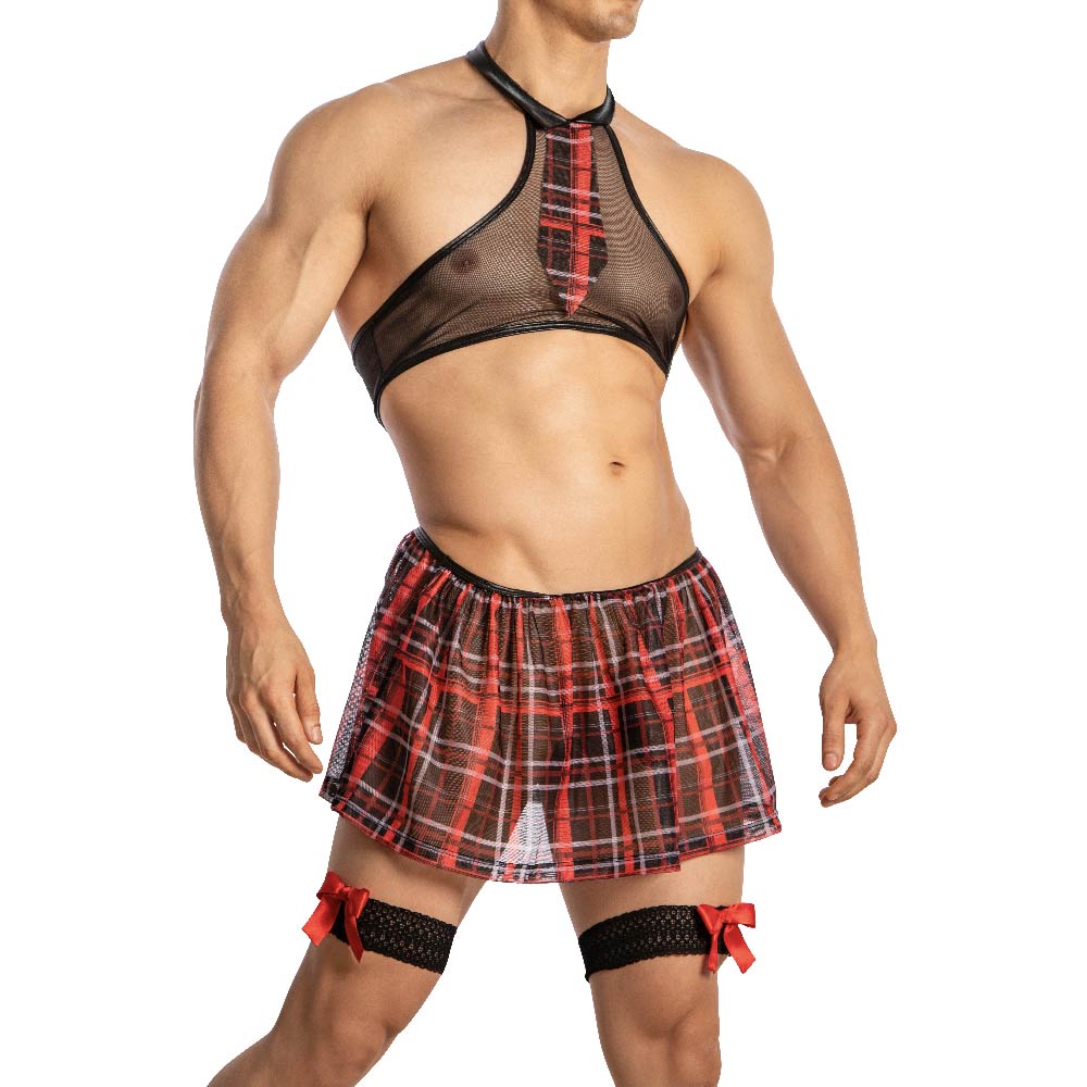 Red and black plaid mesh lingerie set secret male smt002 with halter top pleated skirt and matching garters