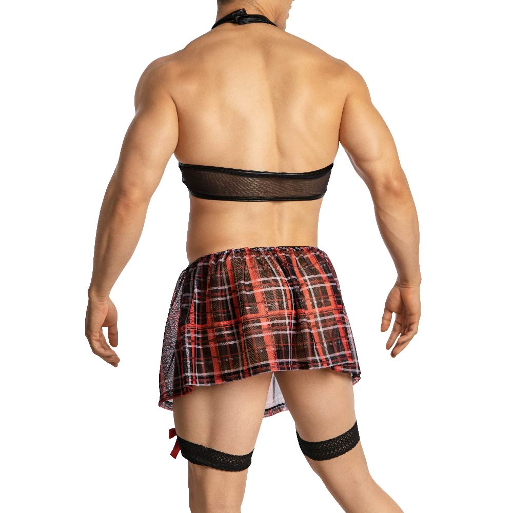 Secret male SMT002 set featuring a red and black plaid mesh mini skirt with a halter top front view