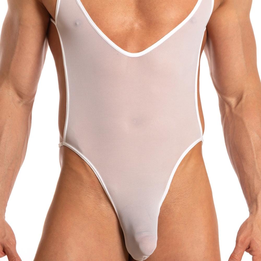 White sheer mesh one-piece swimsuit with white trim from secret male smv002 bodysuit and harness collection