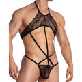Black lace Secret Male SMV003 bodysuit and harness with halter neckline and crisscross straps in front