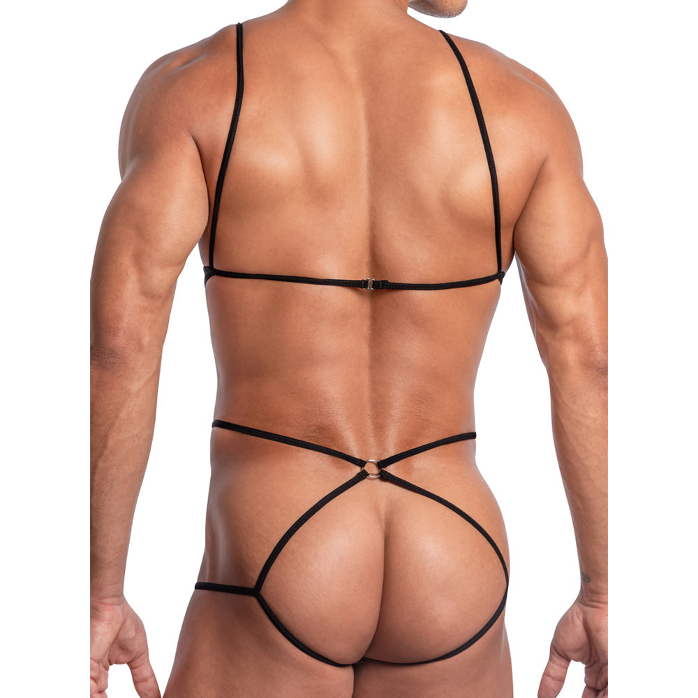 Black string bikini bodysuit and harness with thin straps and back clasp shown from the back side