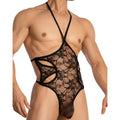 Secret male smv007 black lace bodysuit with intricate floral patterns and halter neck design for stylish wear