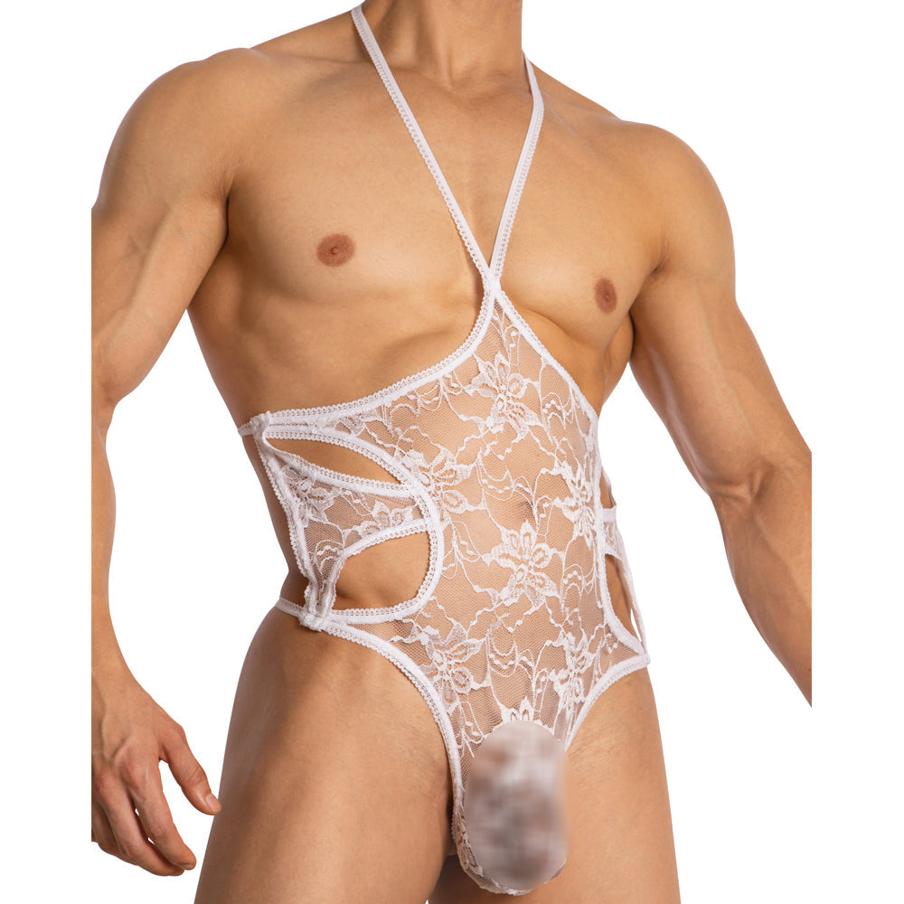 White lace bodysuit with floral patterns and cut-out details from secret male smv007 bodysuit and harness collection