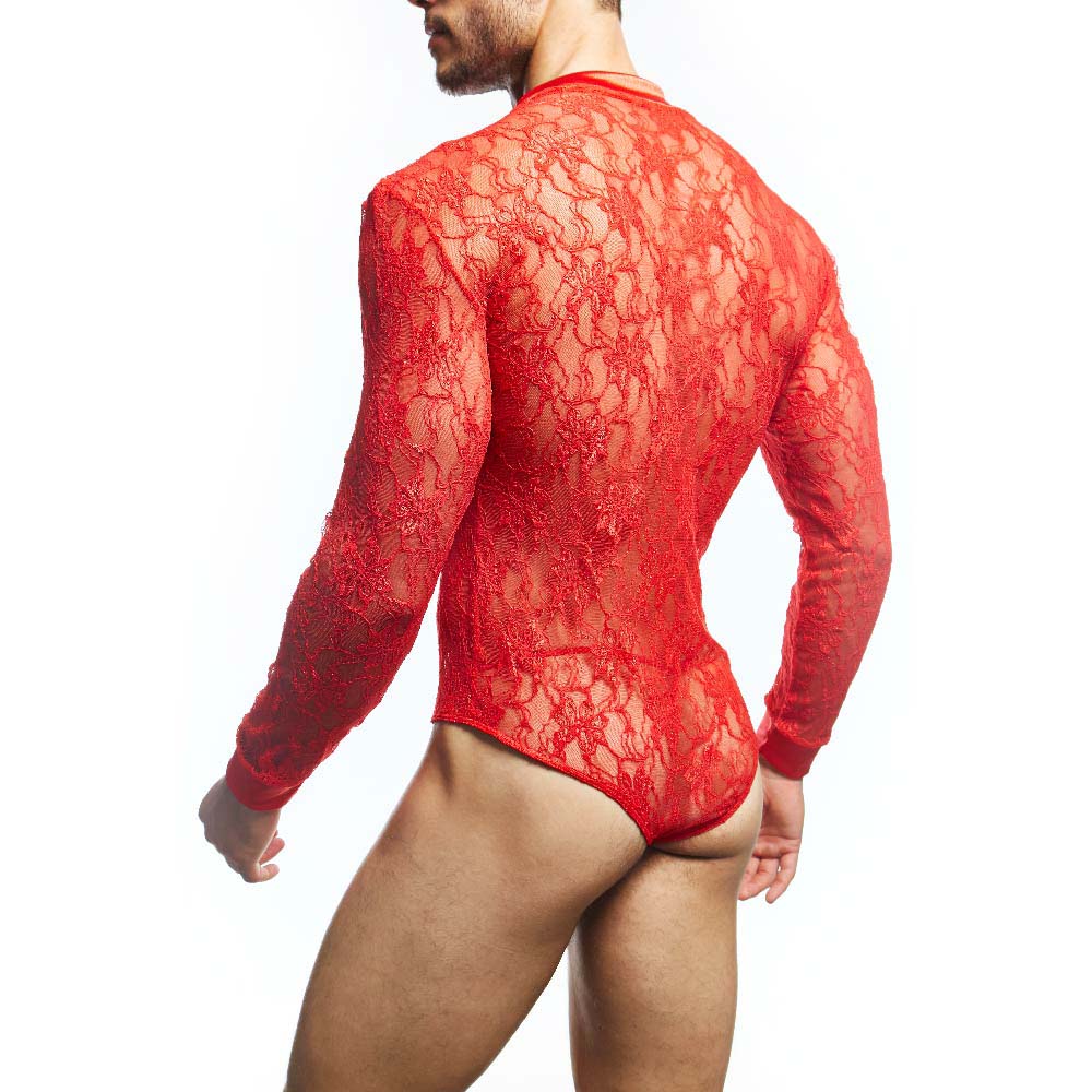 Red lace long-sleeved bodysuit with intricate floral patterns by secret male smv008 for elegant intimate wear