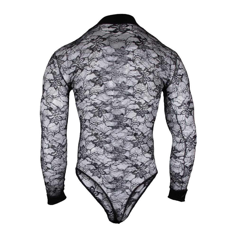 Black floral lace bodysuit with long sleeves and high neckline from Secret Male SMV008 collection front view