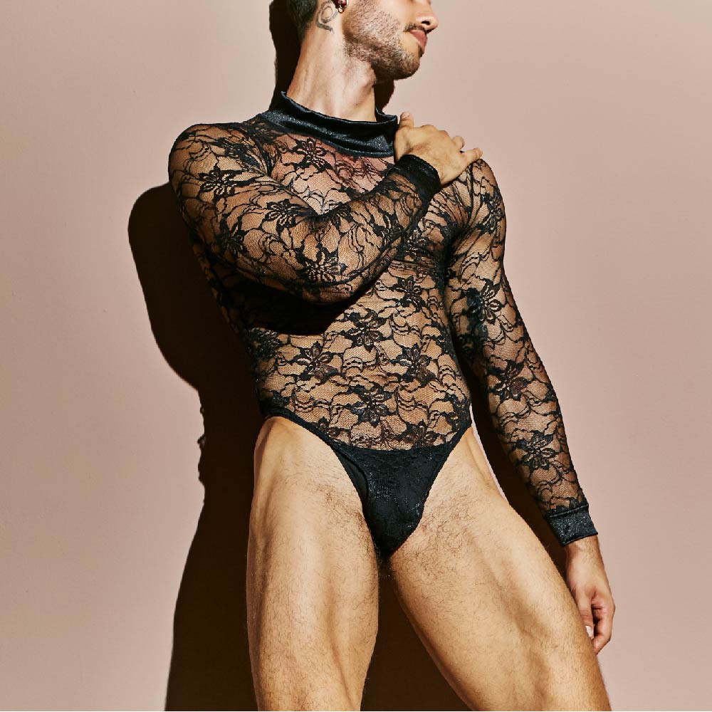 Secret Male SMV008 black lace bodysuit with long sleeves and high neckline detailed for elegant wear