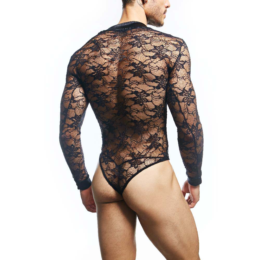 Black floral lace bodysuit with long sleeves and high neckline by Secret Male SMV008 in sheer lace fabric