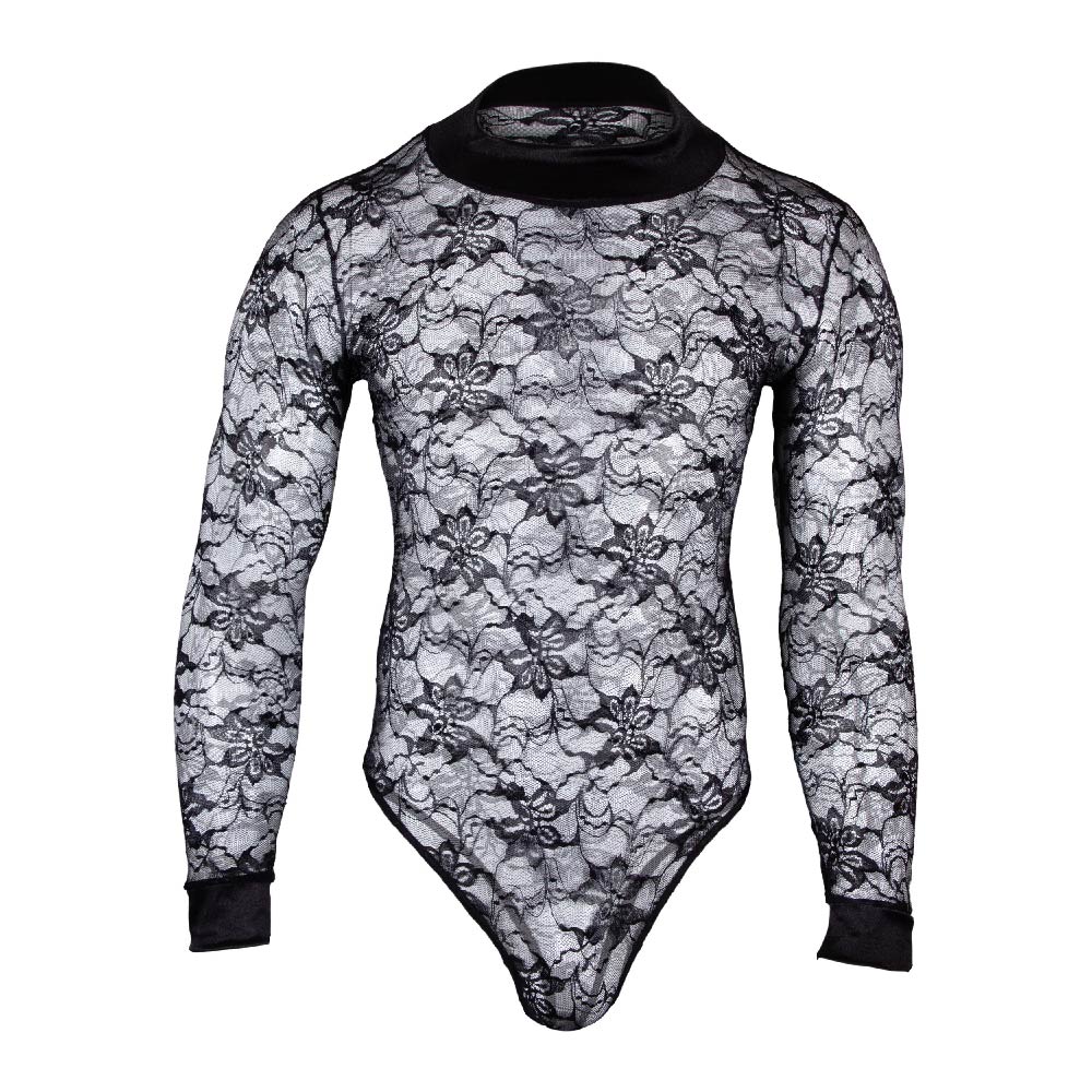 Secret Male SMV008 bodysuit black floral lace with high neckline and long sleeves for stylish intimate wear