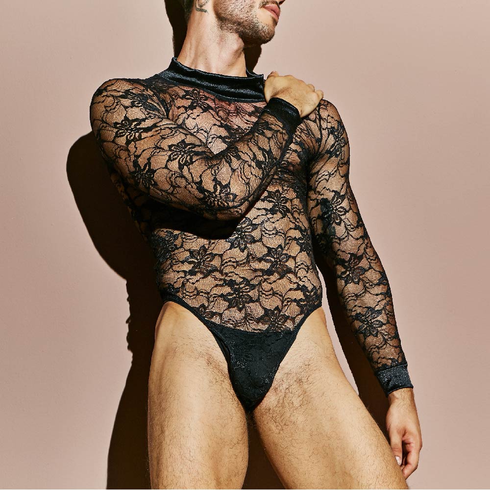 Secret Male SMV008 black lace bodysuit with floral pattern and sheer mesh overlay for a stylish look