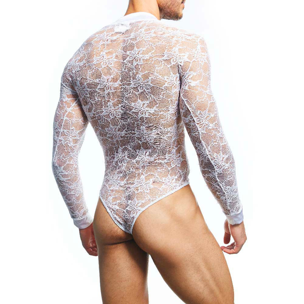 Secret Male SMV008 white floral lace bodysuit with long sleeves and high neckline for elegant wear