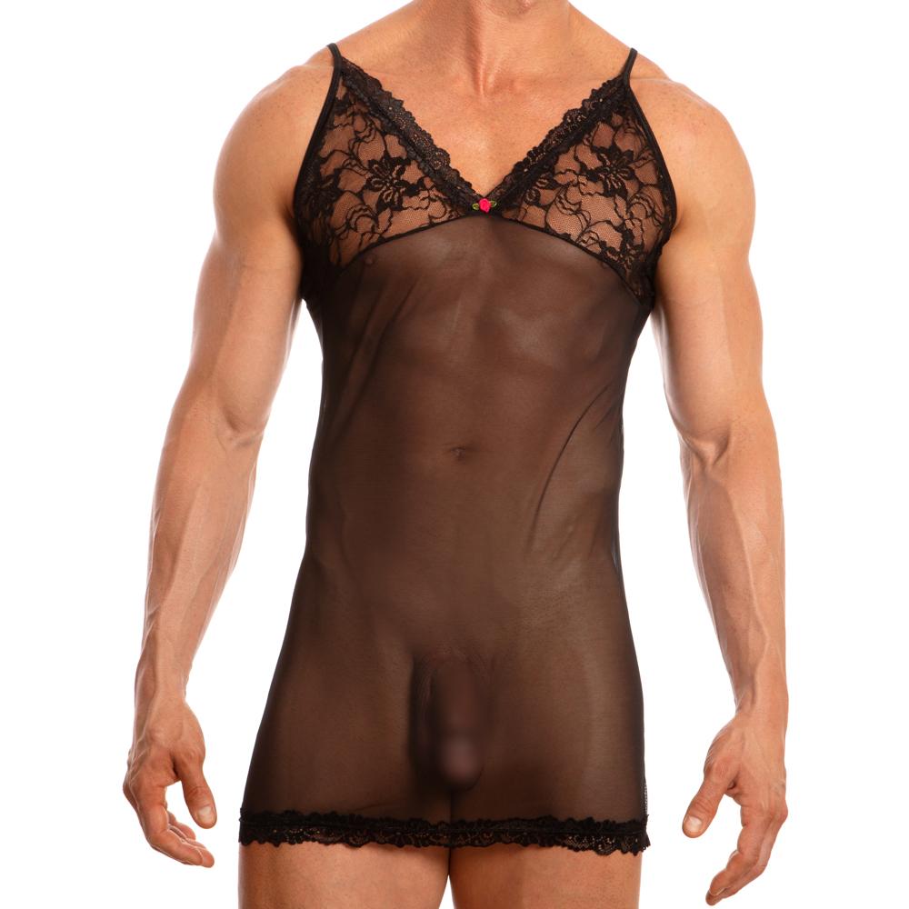 Black lace-trimmed sheer men’s chemise with floral detailing and red accent from secret male smw001 set