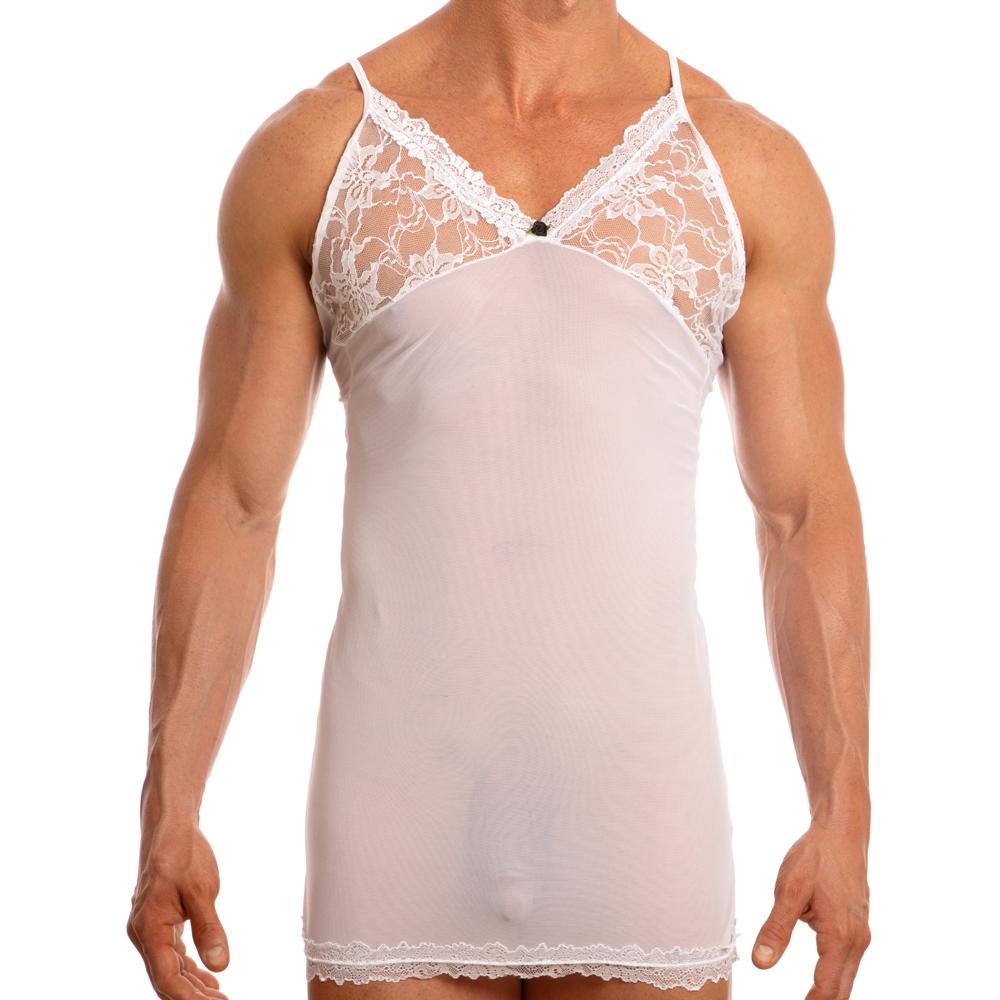 White lace-trimmed sheer men’s nightshirt with floral patterned detailing from secret male smw001 set visible from front view