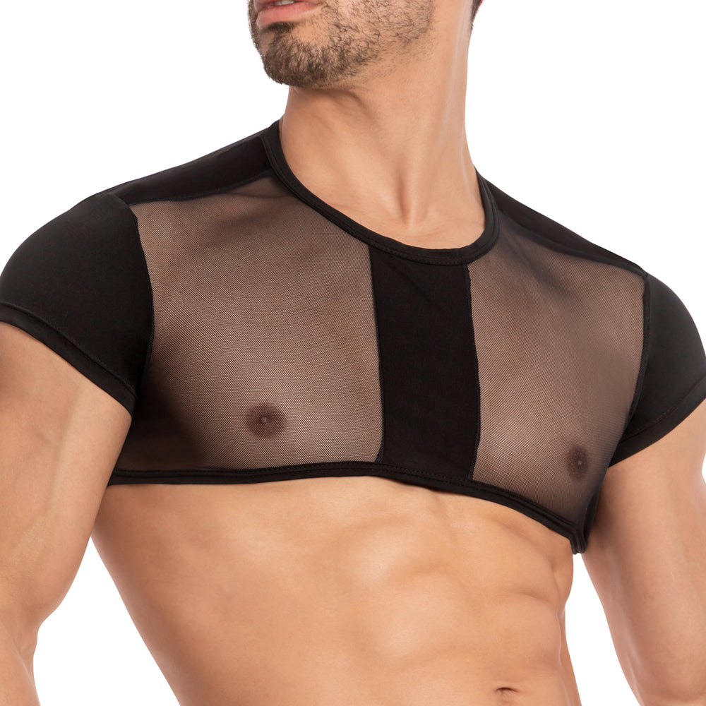 Black mesh top with solid black fabric panels on shoulders and sides from secret male smw002 tops and bras
