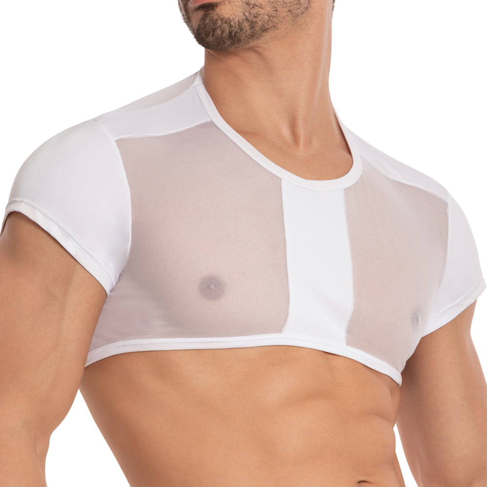 White mesh crop top with short sleeves and solid white shoulder panels from secret male smw002 tops and bras collection