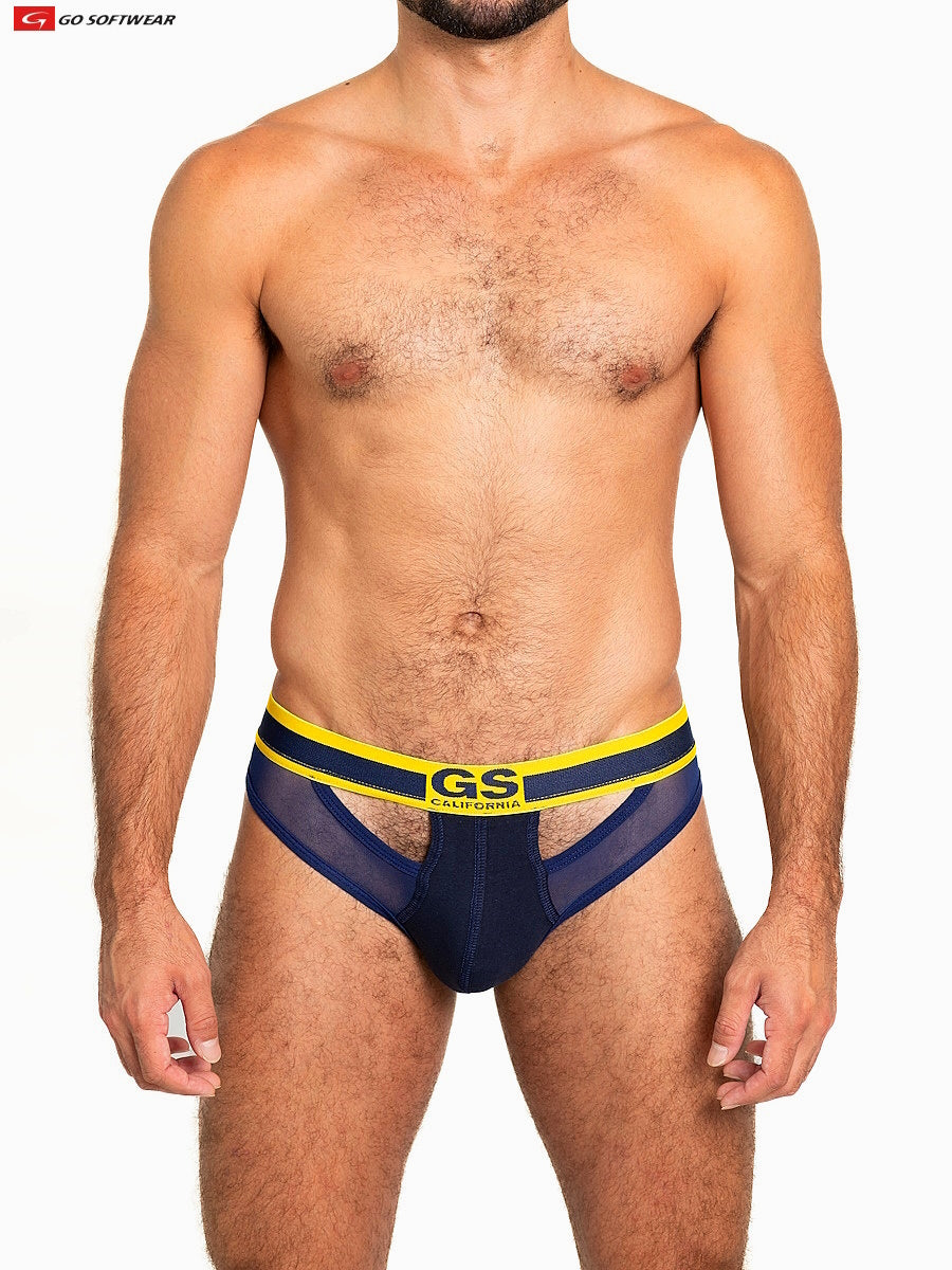 Navy blue and yellow sheer mesh scoop thong briefs with bold gs california logo on the waistband front view