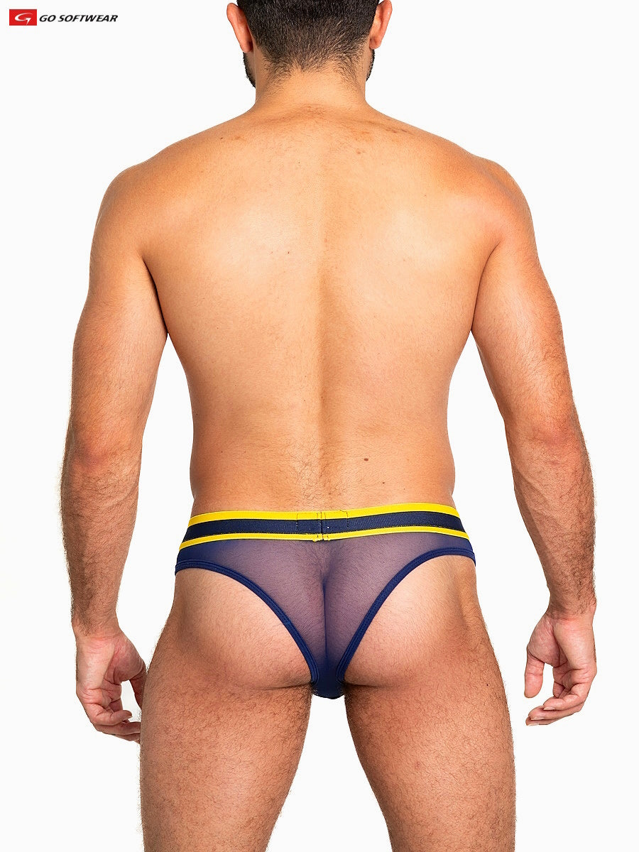 Navy blue sheer mesh scoop thong briefs with bold yellow and black striped waistband front view