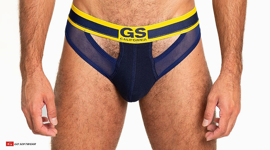 Navy blue and yellow sheer mesh scoop thong briefs with gs california branding on the waistband front view