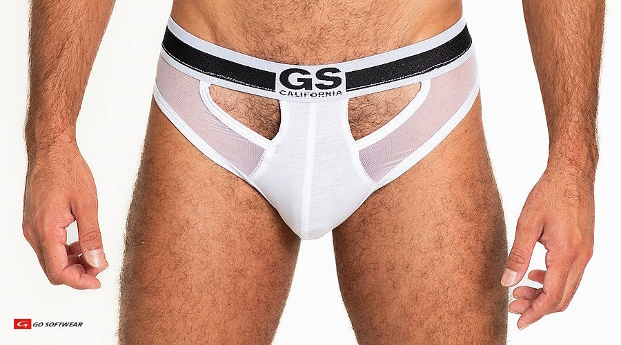White sheer mesh scoop thong with black and white gs california elastic waistband featuring logo detail
