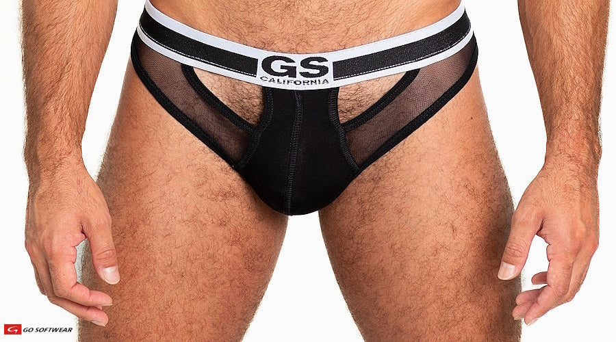 Black sheer mesh scoop thong briefs with white gs california logo waistband showing front view