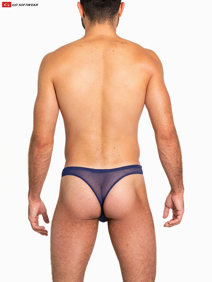 Navy blue sheer mesh thong from go softwear showing the back side with lightweight breathable material