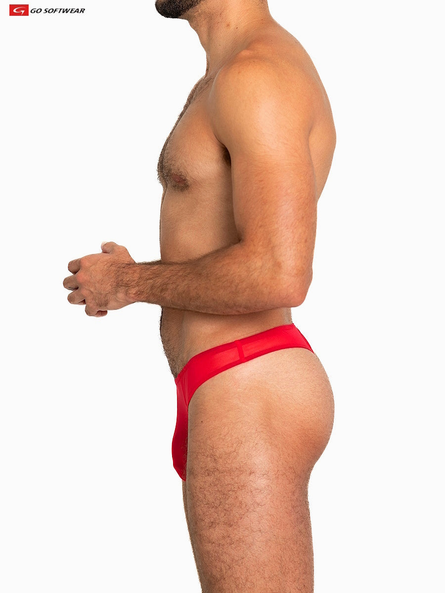 Red sheer mesh thong in a form-fitting design showing the back side of the lingerie product