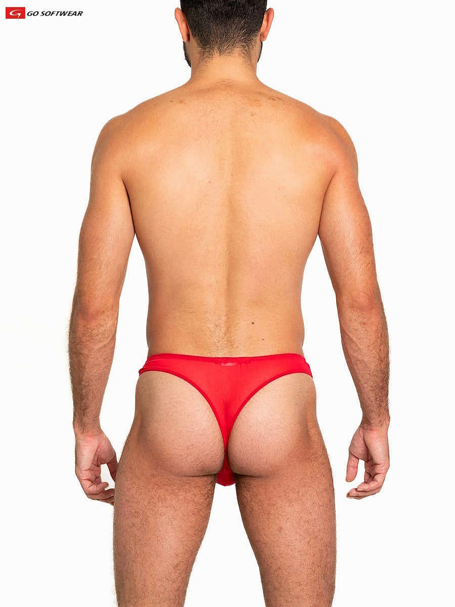 Red sheer mesh thong made of stretchy fabric shown from the back with a form-fitting design
