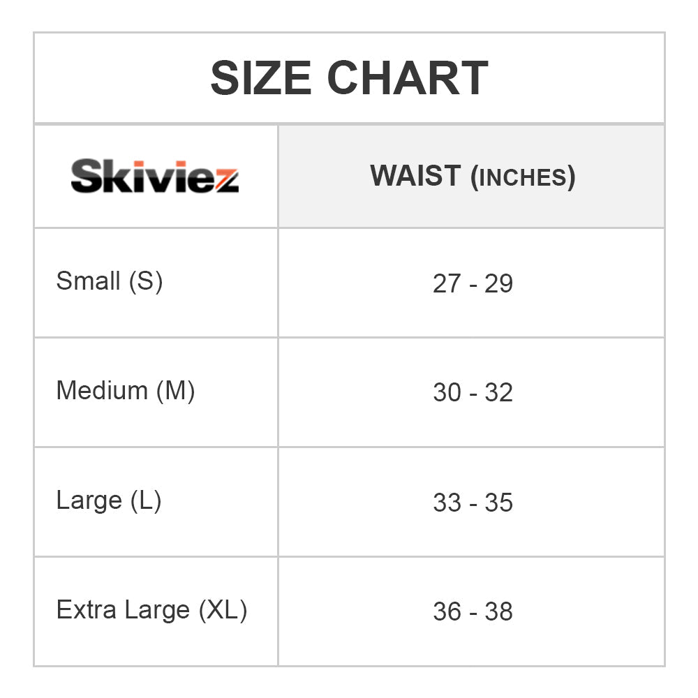 Skiviez skg002 boxer brief size chart showing waist measurements for small medium large and extra large sizes