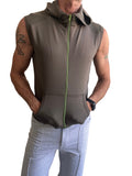 Olive green sleeveless yoga hoodie with bright lime zipper and front pockets designed for comfortable workouts