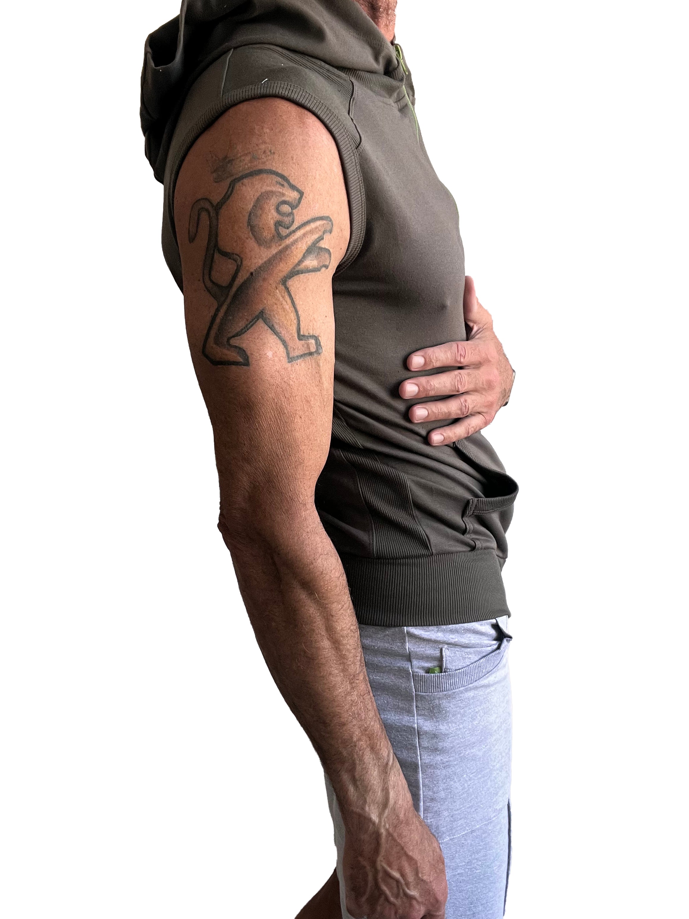 Sleeveless yoga hoodie in olive green with hood and ribbed cuffs designed for comfortable activewear