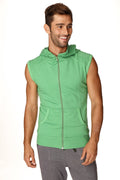 Green sleeveless yoga hoodie in bamboo green with zip-up front pockets and hood for activewear and casual use