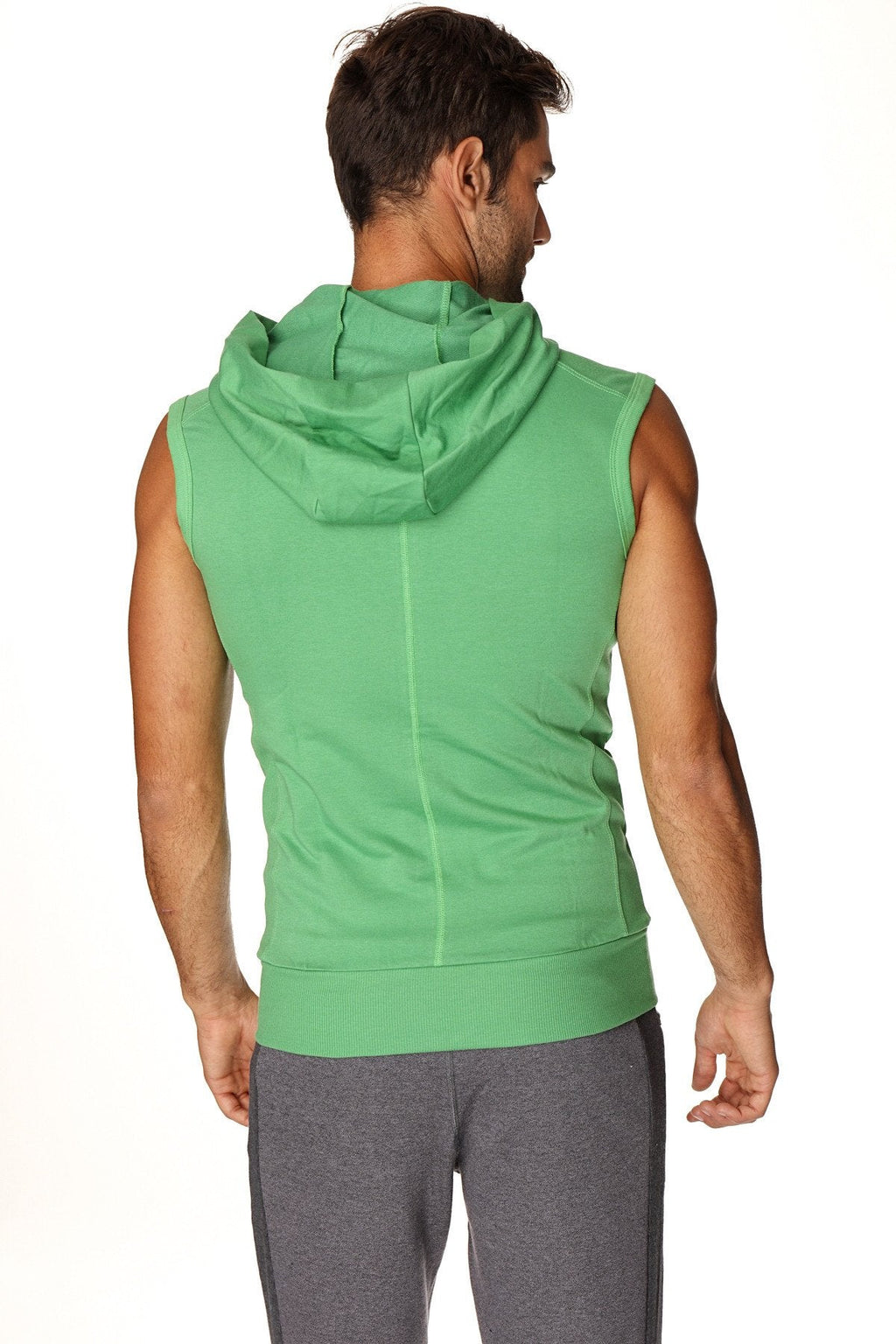 A vibrant bamboo green sleeveless yoga hoodie with a hood and ribbed hem made from soft fabric