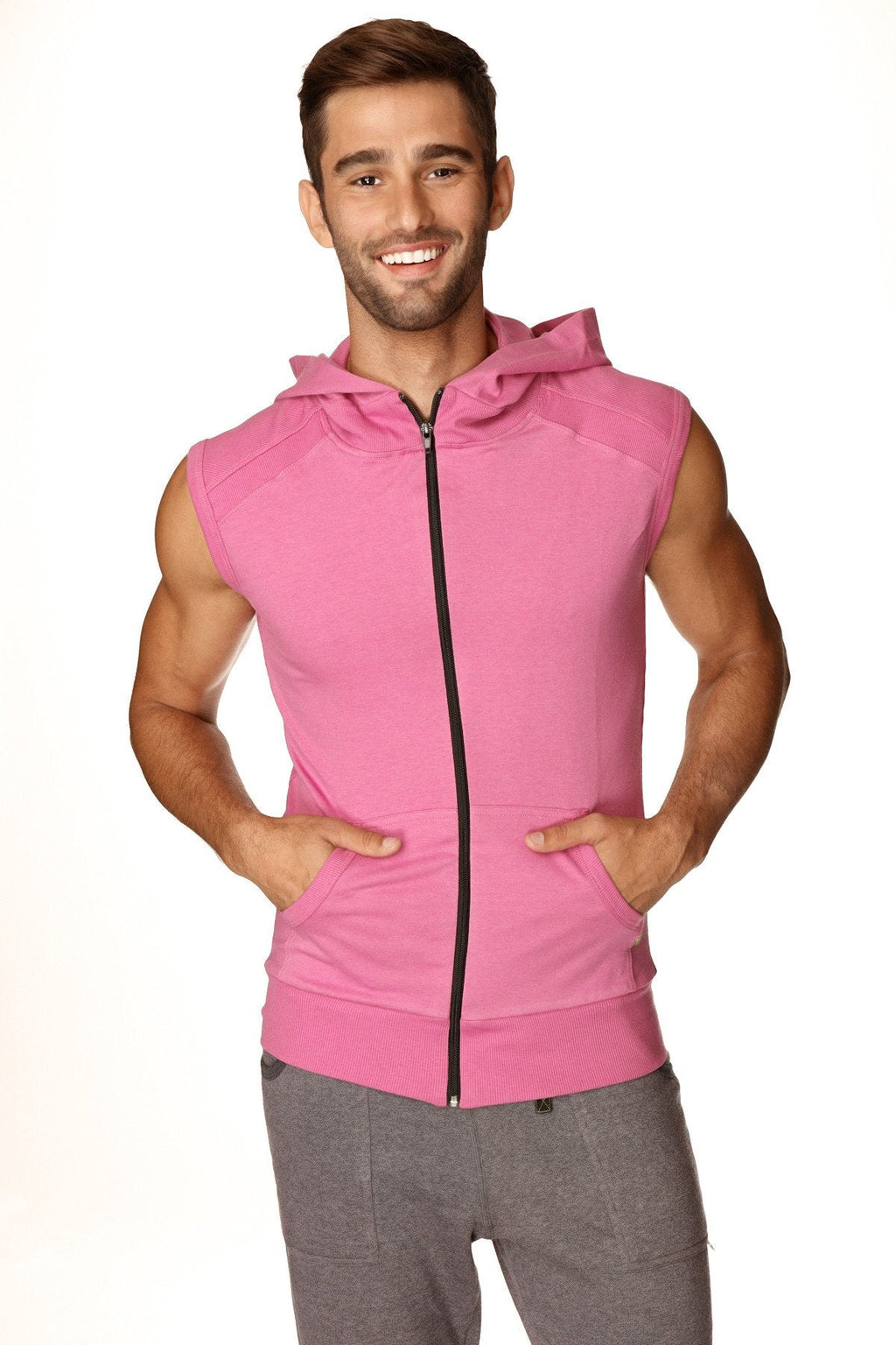 Pink sleeveless zip-up hoodie with a hood and front pockets designed for yoga in berry color