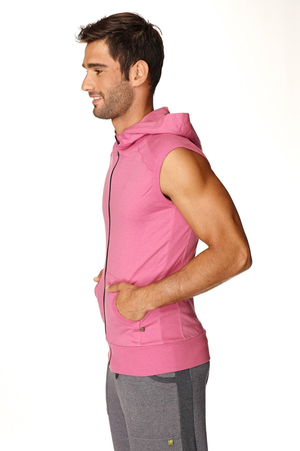 Pink sleeveless yoga hoodie vest in lightweight fabric with hood and zip-up front for activewear or casual wear